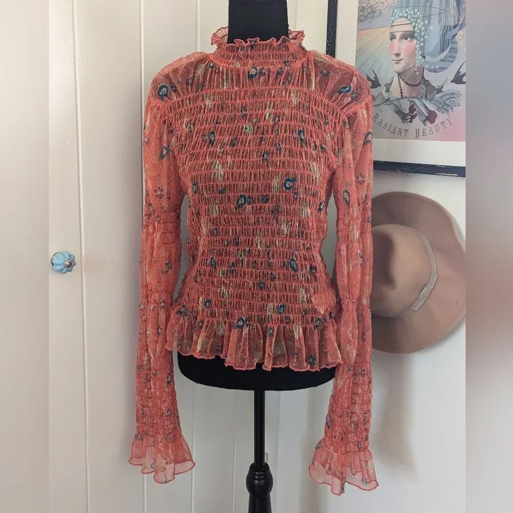 Free People Floral Shirred Mesh Bell Sleeve Fairycore Hippie Rock Top XL - Picture 4 of 14